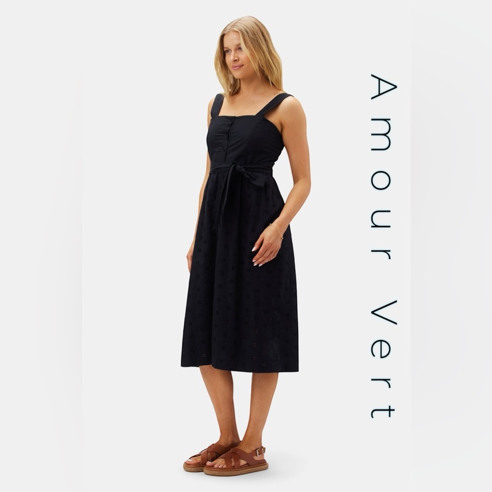 AMOUR VERT Irene Organic Cotton Eyelet Midi Dress Black Women Size XS NWT
